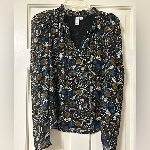 Joie Swiss Dot Dark Floral Print Ruffled Split Tie Neck Blouse Lined Size Small - Picture 2 of 12